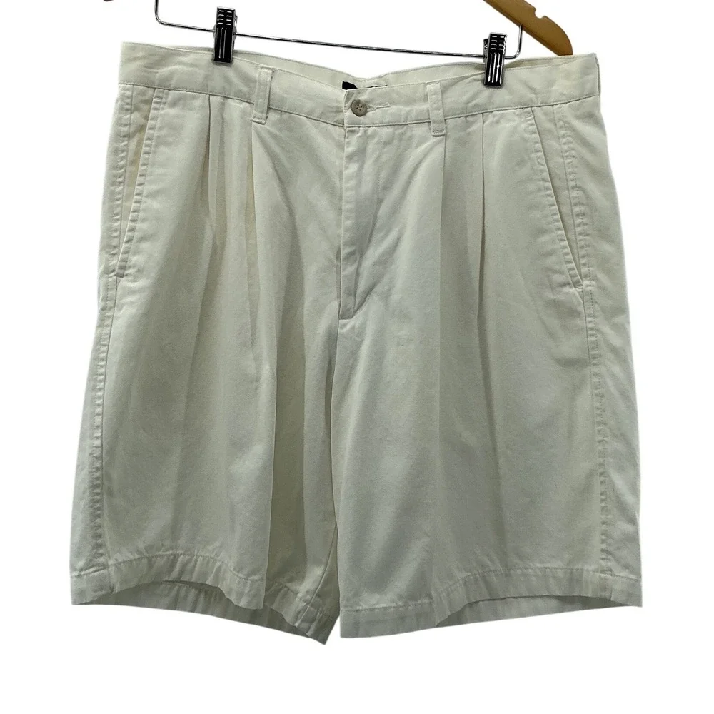 Dockers Mens Pleated Relaxed Fit Shorts W36 Off White Cream 100% Cotton Chino